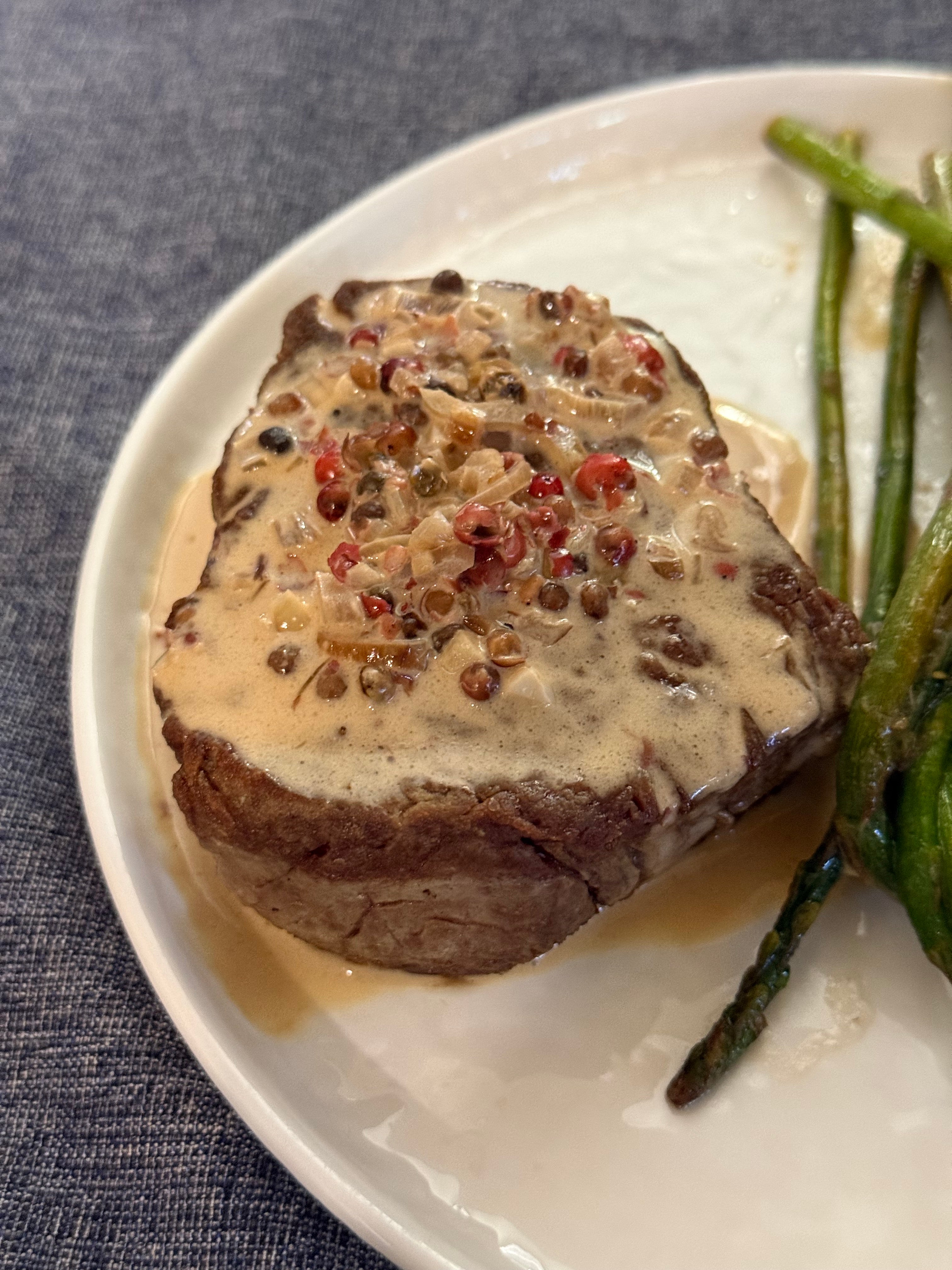 Filet Mignon with Roasted Potatoes and Peppercorn Sauce