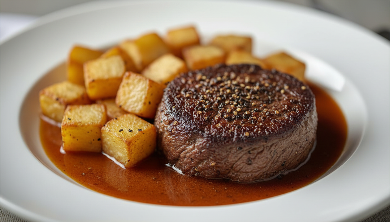 Filet Mignon with Roasted Potatoes and Peppercorn Sauce